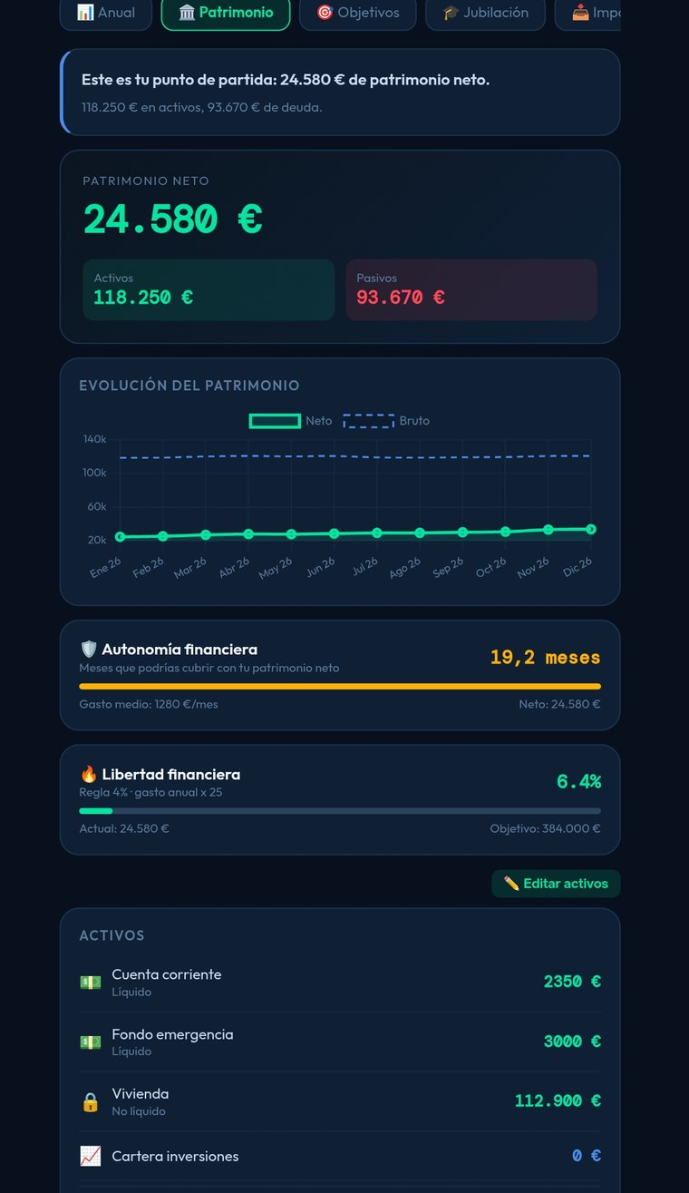 Captura real de patrimonio neto, activos, pasivos y evolución en Buril